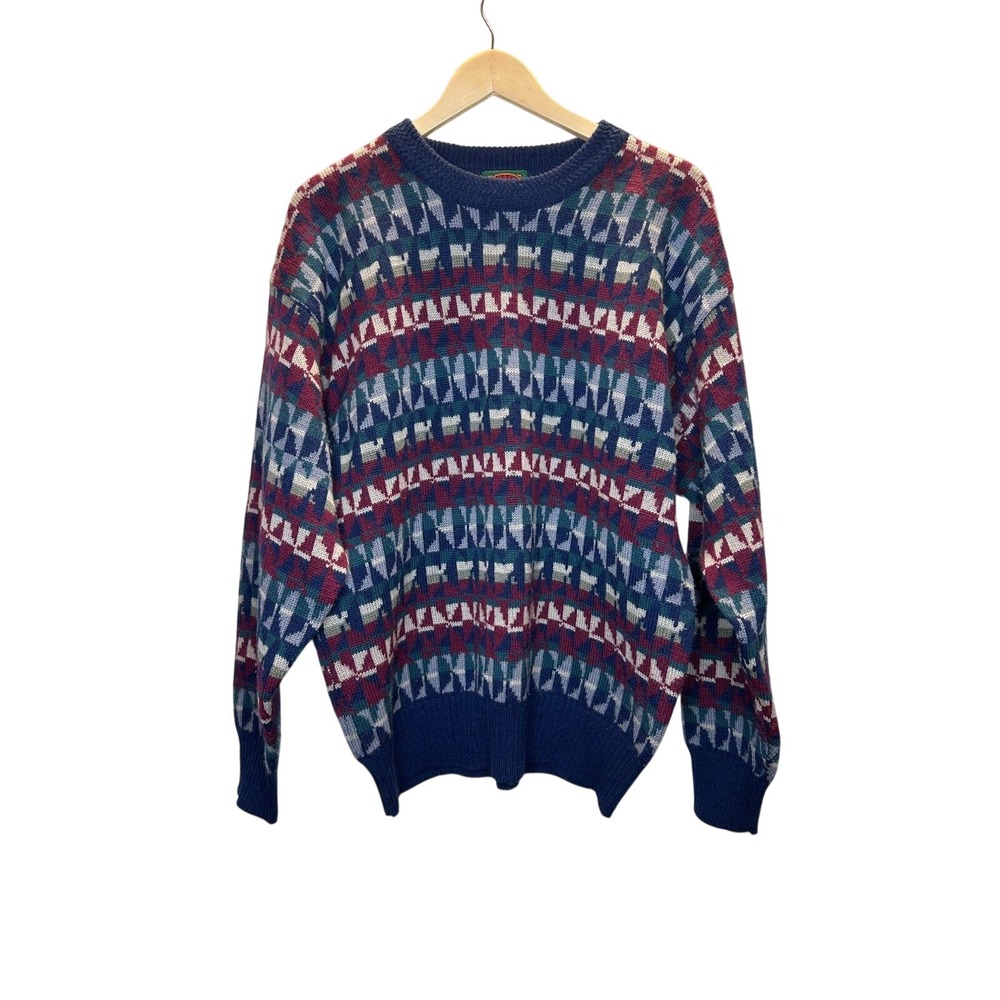 Boston Traders Sweater Mens Large Blue Abstract Geometric Wool Crewneck Pullover
